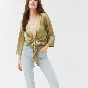 UO Nicole Satin Tie-Front Nylon Peasant Hipster Hippie Art Deco Farm Boho Blouse